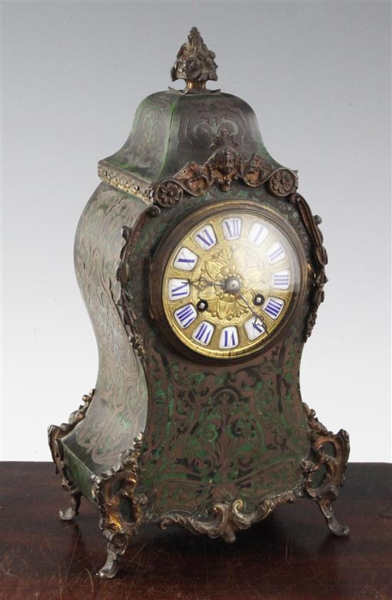 An early 20th century green boulle work mantel clock, 11.75in.
